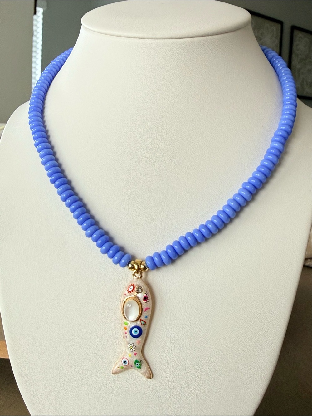 Lavender-Blue Beaded Necklace with Decorative Fish Pendant - Unbranded